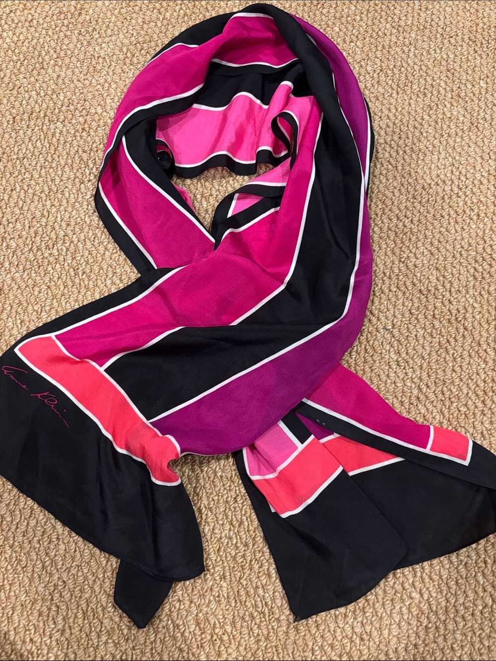 Vintage Anne Klein Scarf Pink Purple Black Stripe